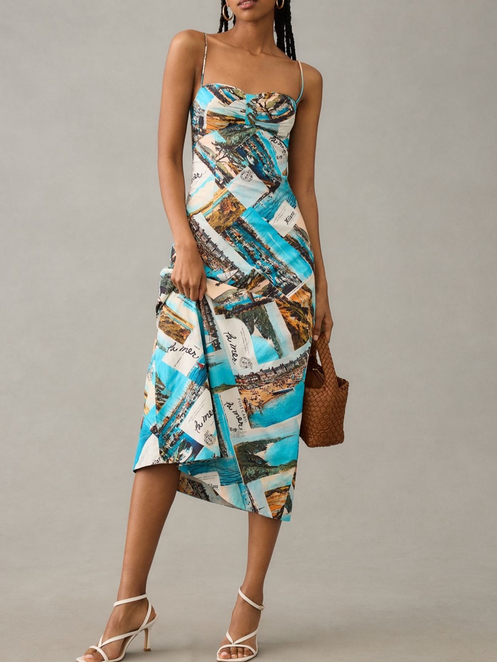 Anthropologie Maeve Postcard Blue Multi-Print Spaghetti Strap Midi Dress